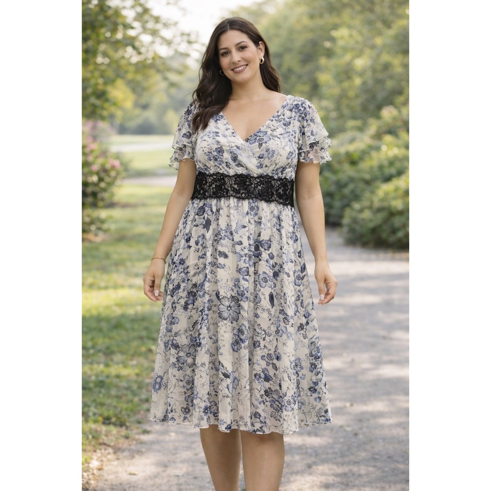 Sundance 100% Silk Dress Floral Lace  Flutter Sleeve Midi  Blue Size 16